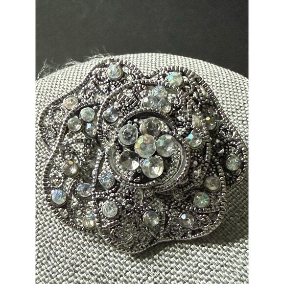 Vintage Rhinestone Floral Brooch Clear AB Deco Scarf Lapel Pin Cocktail Wedding - Picture 5 of 5